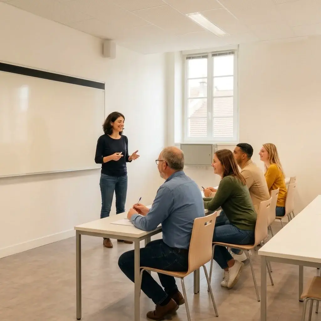 Groupe d'apprenants adultes et formatrice en cours collectif de langues au Campus ICP Reims